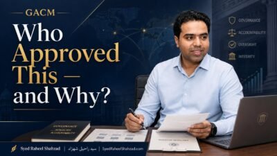 GACM featured image showing founder Syed Raheel Shahzad reviewing decision records, governance authority, evidence and accountability