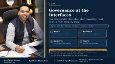 GACM featured image showing Syed Raheel Shahzad — سيد راحيل شهزاد — with ownership, authority, handover and review across multi-company governance interfaces