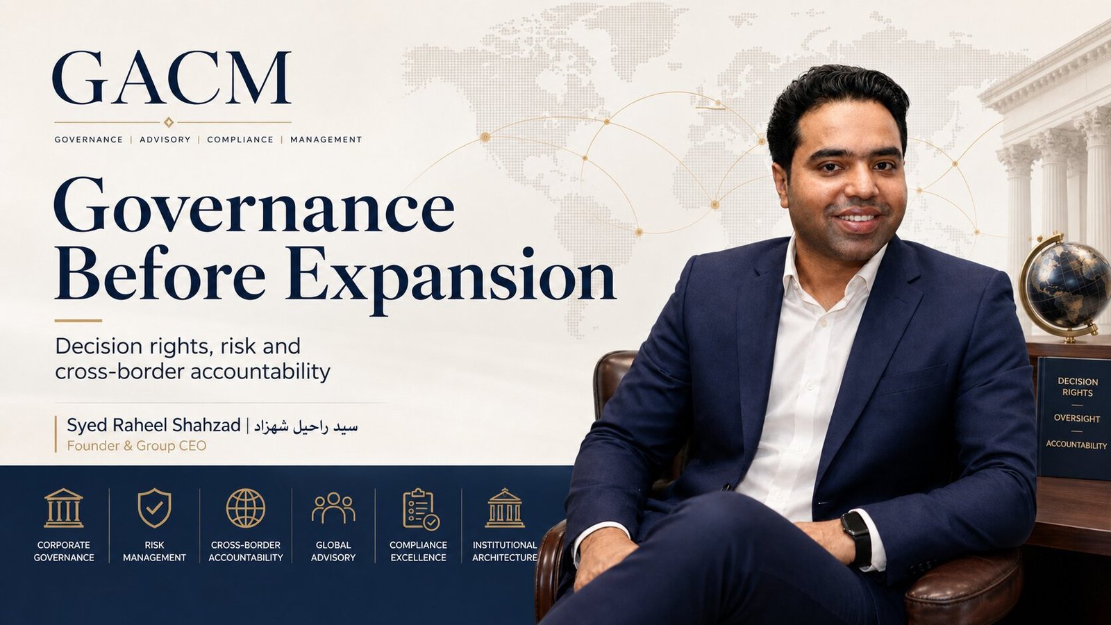 GACM featured image showing founder Syed Raheel Shahzad with governance, risk management, cross-border accountability and institutional architecture.