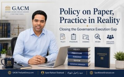 GACM featured image showing Syed Raheel Shahzad with policy, procedure, evidence, review and executive oversight governance framework