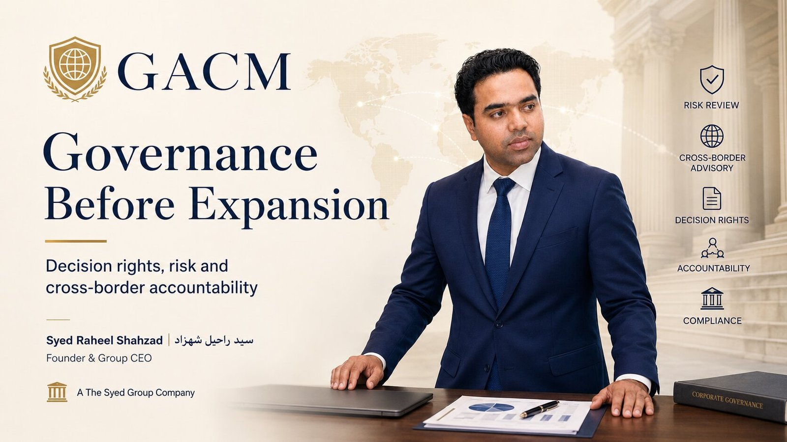 GACM featured image showing founder Syed Raheel Shahzad reviewing governance, decision rights, risk escalation and cross-border accountability.