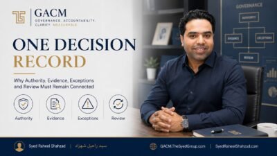 GACM featured image with Syed Raheel Shahzad — سيد راحيل شهزاد — representing authority, evidence, exceptions and review within one governance decision record