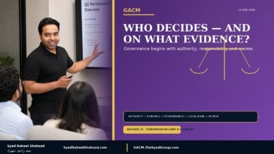 GACM featured image with Syed Raheel Shahzad — سيد راحيل شهزاد — representing authority, evidence, responsibility, escalation, review and accountable governance