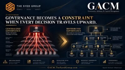 GACM governance model comparing centralized approval bottlenecks with distributed authority, escalation paths, oversight and accountable decision rights