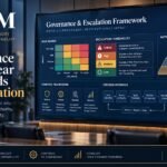 GACM governance escalation framework showing risk matrix, escalation thresholds, authority structure, controls and accountability