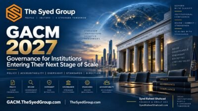 GACM 2027 governance framework showing policy, review, oversight, standards, accountability and institutional scale within The Syed Group