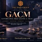 GACM governance image showing authority, rationale, policy, oversight and review within The Syed Group founded by Syed Raheel Shahzad
