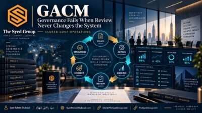 GACM closed-loop governance showing policy, action, observation, review, correction and standardization within The Syed Group