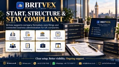 Britvex UK company formation and compliance image showing Companies House filings, confirmation statements, statutory records, corporation tax and business administration