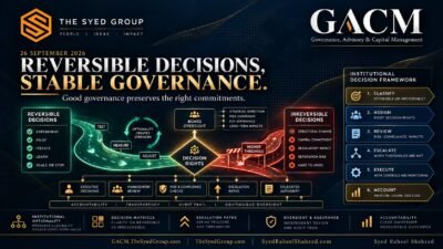 GACM governance framework showing strategic policy, delegation, controls, reviewable decisions, permanent authority, independent review, escalation and reassessment